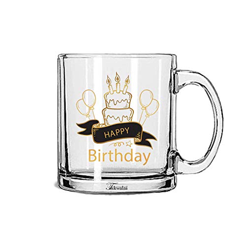 TONKWALAS Happy Birthday Printed Transparent Glass Coffee and Tea Mug Unique Gift for Bithday (325 ML) - Image 1