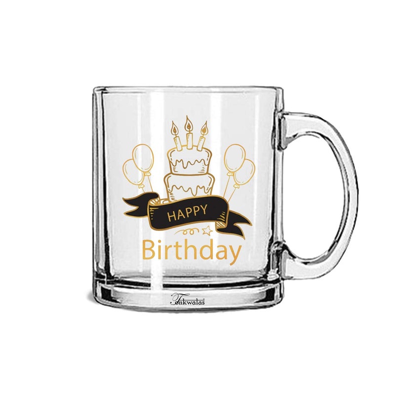 TONKWALAS Happy Birthday Printed Transparent Glass Coffee and Tea Mug Unique Gift for Bithday (325 ML) - Image 5