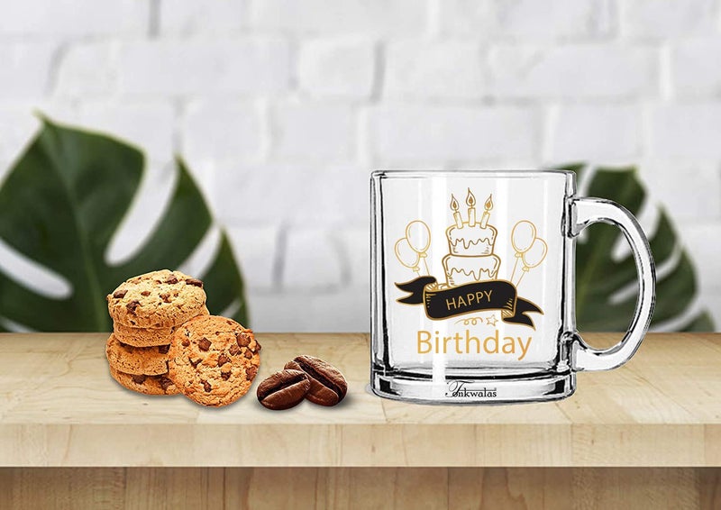 TONKWALAS Happy Birthday Printed Transparent Glass Coffee and Tea Mug Unique Gift for Bithday (325 ML) - Image 2