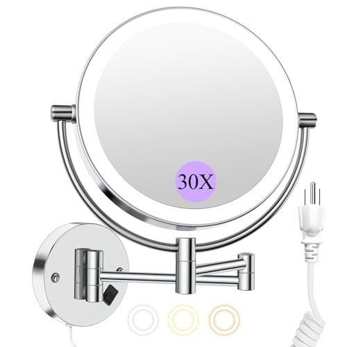 FASCINATE Wall Mounted Makeup Mirror with Lights 30X1X DoubleSided Magnifying Plugin Lighted Vanity Mirror with 3 Color Modes Dimmable Brightness 360 Swivel Extendable Arm for Bathroom Grooming - Image 1