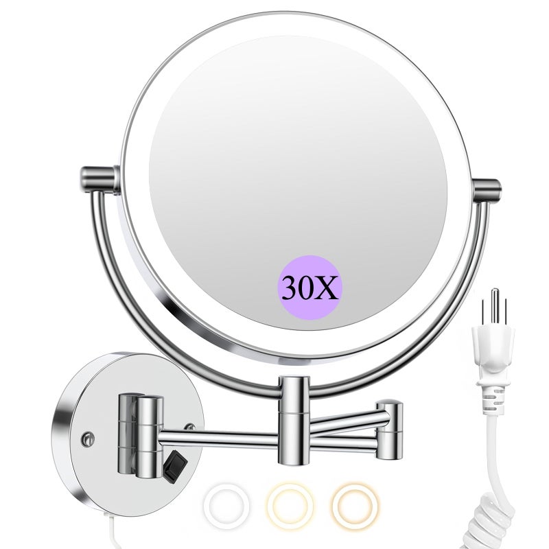 FASCINATE Wall Mounted Makeup Mirror with Lights 30X1X DoubleSided Magnifying Plugin Lighted Vanity Mirror with 3 Color Modes Dimmable Brightness 360 Swivel Extendable Arm for Bathroom Grooming - Image 2