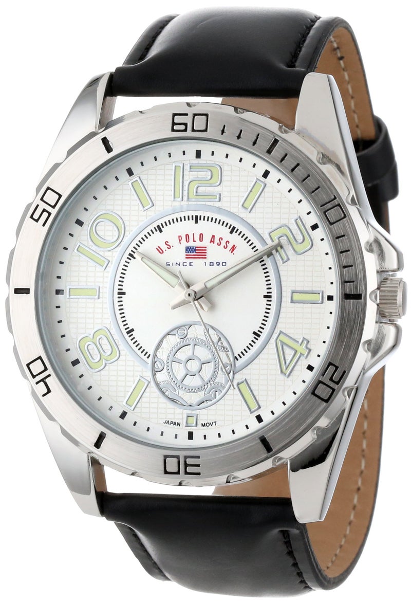 U.S. Polo Assn. ساعة يد أنالوج للرجال من يو إس بولو أسن. – قرص أبيض مزخرف مع حزام جلد PU أسود وعلامات ساعات مضيئة – تصميم أنيق، متين، وقابل للتعديل للمعصم من 5.5" إلى 8" - Image 1