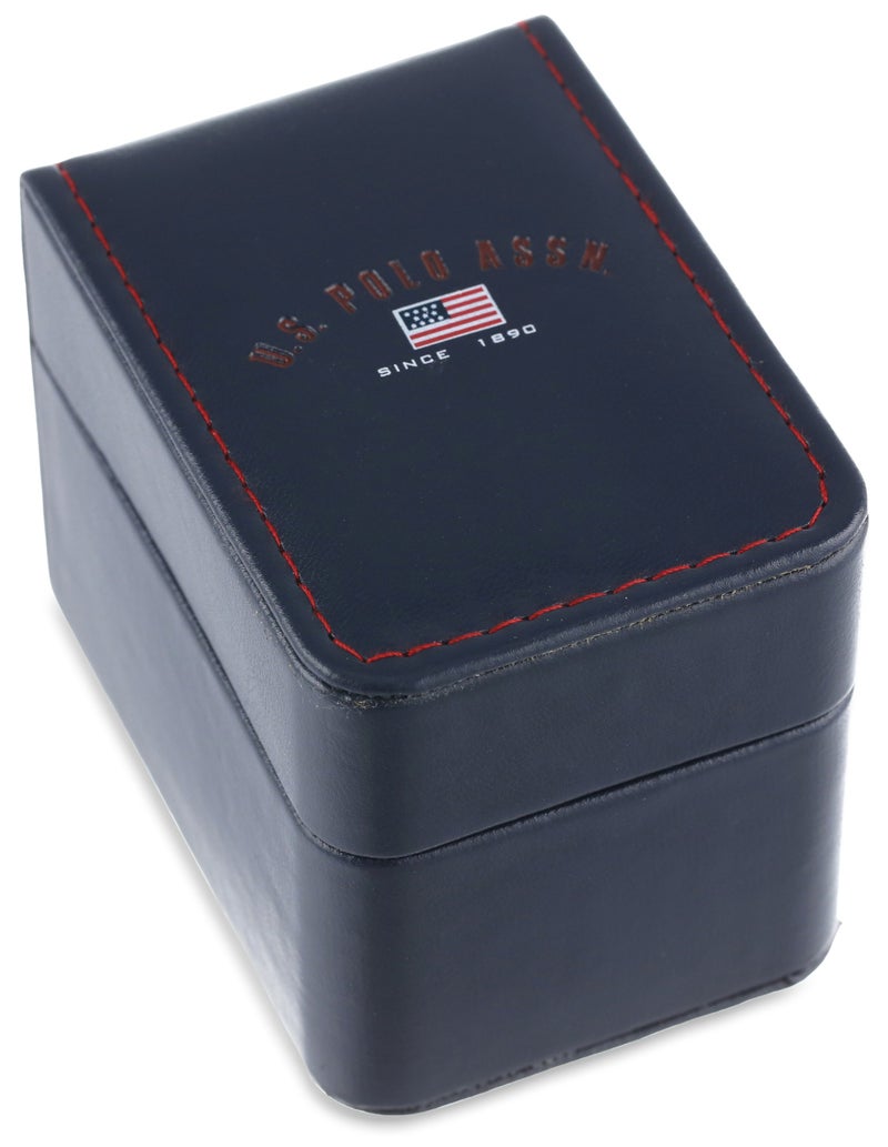 U.S. Polo Assn. ساعة يد أنالوج للرجال من يو إس بولو أسن. – قرص أبيض مزخرف مع حزام جلد PU أسود وعلامات ساعات مضيئة – تصميم أنيق، متين، وقابل للتعديل للمعصم من 5.5" إلى 8" - Image 3