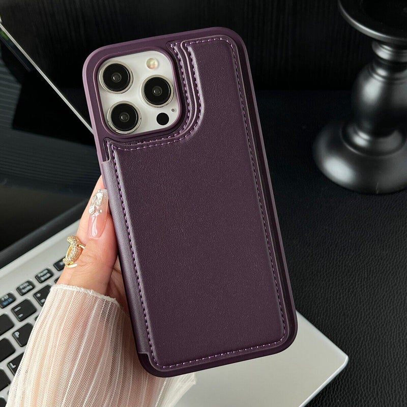 غطاء واقي بPU لـ iPhone 16 / 16 Plus / 16 Pro / 16 Pro Max مع حماية من السقوط وحامل قائم مع مقاوم للصدمات مع حامل بطاقات مع مغناطيس قوي باللون بنفسجي مغناطيسي بوظيفة حامل - Image 1