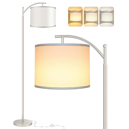Rottogoon Floor Lamp for Living Room, LED Standing Lamp with 2 Lamp Shades for Bedroom, 9W LED Bulb Included - Silver - Image 1