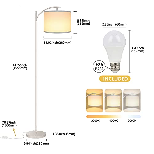 Rottogoon Floor Lamp for Living Room, LED Standing Lamp with 2 Lamp Shades for Bedroom, 9W LED Bulb Included - Silver - Image 4
