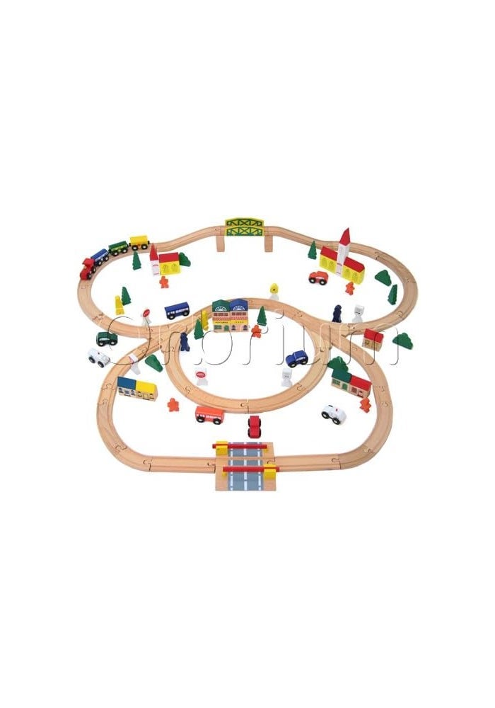 Orbrium Toys 100 Piece Triple Loop Wooden Train Set with City Buildings and Vehicles - Image 2