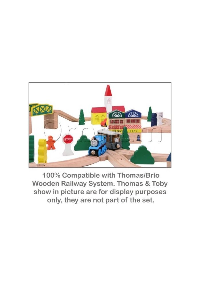 Orbrium Toys 100 Piece Triple Loop Wooden Train Set with City Buildings and Vehicles - Image 3