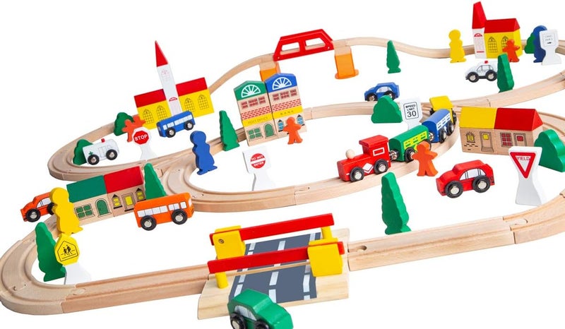 Orbrium Toys 100 Piece Triple Loop Wooden Train Set with City Buildings and Vehicles - Image 1