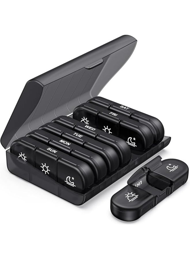 Weekly Pill Organizer 3 Times a Day, Portable Travel Pill Box 7 Day with Large Pill Containers, Light-Proof Pill Case for Vitamins, Medication, Supplements and Fish Oils (Black) - Image 1