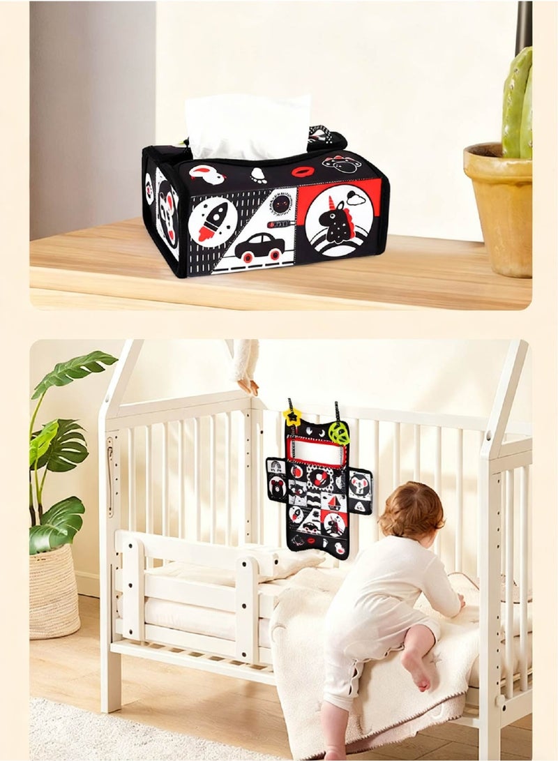 Baby Sensory Book & Tissue Box Toy 2-in-1 | Crinkle Paper, Mirror & Textures for Tactile, Audio-Visual Infant Development | Hanging Car Seat & Stroller Activity Toy - Image 4