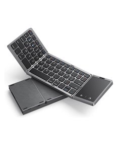 Foldable Bluetooth Keyboard with Touchpad - Mini Wireless, Dual Bluetooth, Rechargeable, Compatible with Windows, iOS, Mac OS, Android – Grey