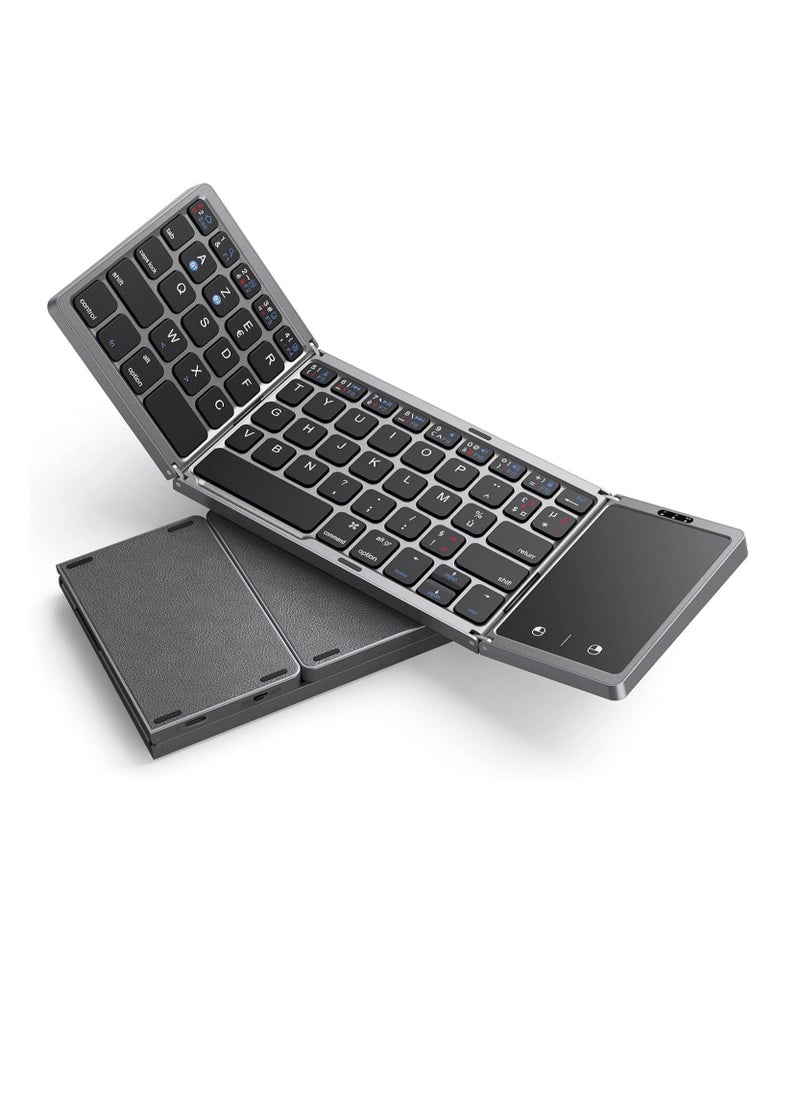 Generic - Foldable Bluetooth Keyboard with Touchpad - Mini Wireless, Dual Bluetooth, Rechargeable, Compatible with Windows, iOS, Mac OS, Android – Grey - Image 1