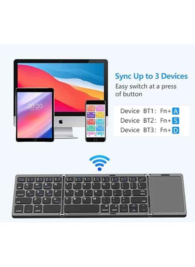 Generic - Foldable Bluetooth Keyboard with Touchpad - Mini Wireless, Dual Bluetooth, Rechargeable, Compatible with Windows, iOS, Mac OS, Android – Grey - Image 1