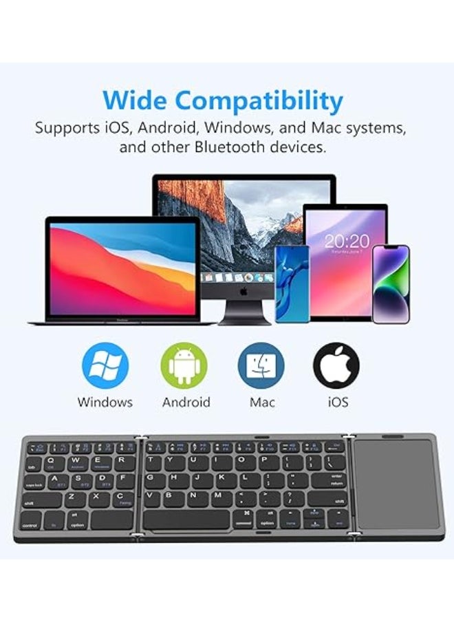 Generic - Foldable Bluetooth Keyboard with Touchpad - Mini Wireless, Dual Bluetooth, Rechargeable, Compatible with Windows, iOS, Mac OS, Android – Grey - Image 1