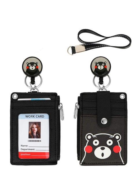 Badge Accessories Set with Retractable Lanyard and Card Slots for Students and Teens in Black Bear Design