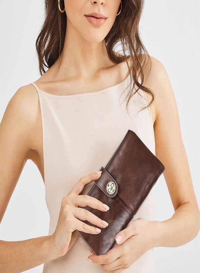 CONTACTS Turnlock Wallet for Women Leather Airtag Zipper Phone Holder Rfid Bifold Clutch Purse with Photo Window (Brown) - Image 2