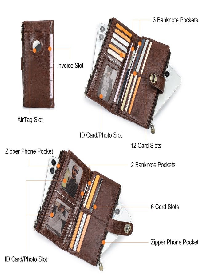 CONTACTS Turnlock Wallet for Women Leather Airtag Zipper Phone Holder Rfid Bifold Clutch Purse with Photo Window (Brown) - Image 5