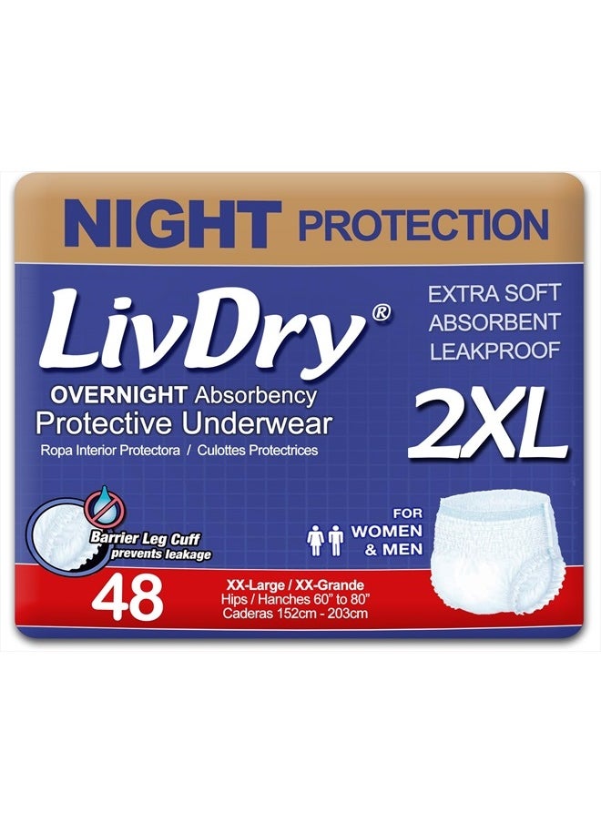 LIVDRY حفاضات ليلية للبالغين مقاس XXL للنساء والرجال، ملابس داخلية لسلس البول، مقاس XX-Large، عبوة من 48 قطعة  - Image 1