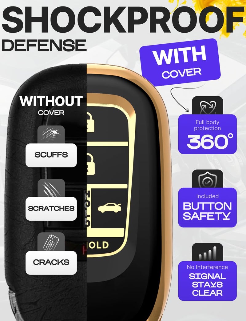 Lucrum Compatible with Honda Key Fob Cover & Leather Keychain - TPU Keyfob Case for Accord Civic CR-V HR-V Pilot Ridgeline, For 5 Button Remote (2022-2026) - Black and Gold - Image 4