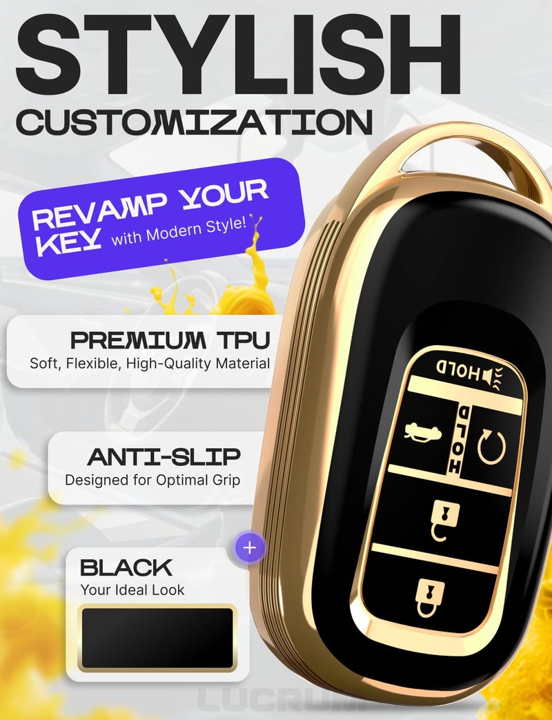 Lucrum Compatible with Honda Key Fob Cover & Leather Keychain - TPU Keyfob Case for Accord Civic CR-V HR-V Pilot Ridgeline, For 5 Button Remote (2022-2026) - Black and Gold - Image 3
