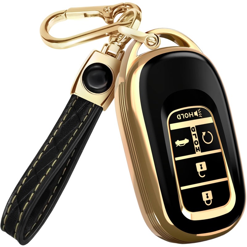 Lucrum Compatible with Honda Key Fob Cover & Leather Keychain - TPU Keyfob Case for Accord Civic CR-V HR-V Pilot Ridgeline, For 5 Button Remote (2022-2026) - Black and Gold - Image 1