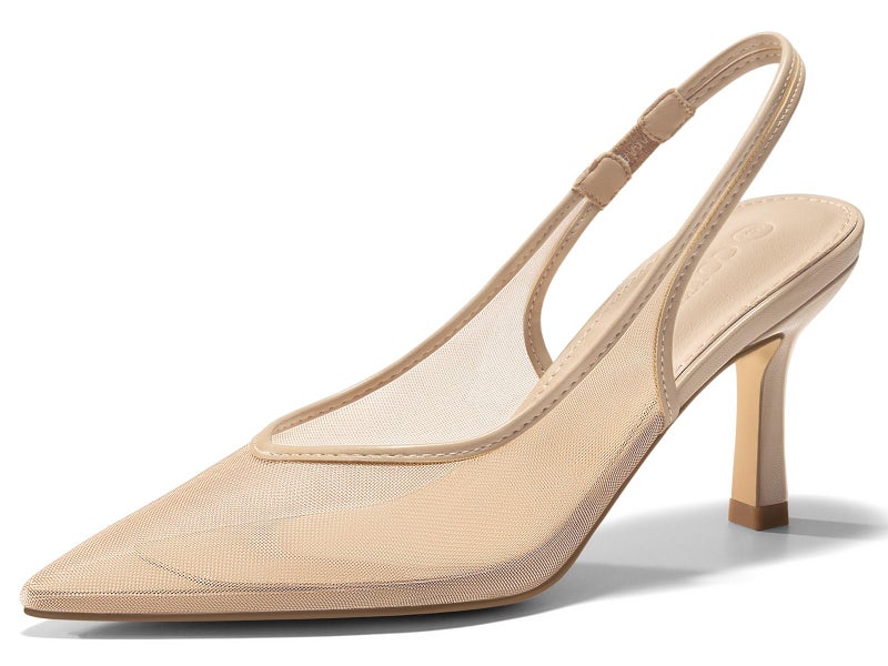 Coutgo Womens Slingback Kitten Heels Closed Pointed Toe Low Heel Mesh Pumps Sexy Dress Shoes, Khaki, Size 9 - Image 1