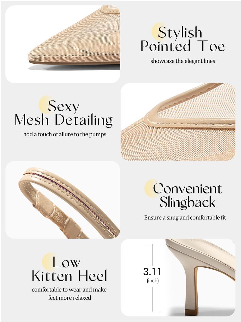 Coutgo Womens Slingback Kitten Heels Closed Pointed Toe Low Heel Mesh Pumps Sexy Dress Shoes, Khaki, Size 9 - Image 5