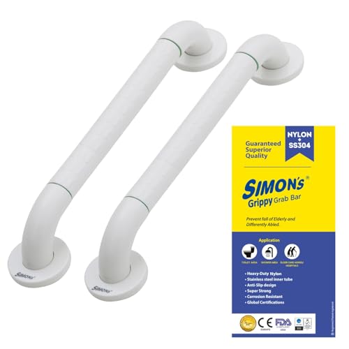 Simon's Grippy Heavy-Duty Nylon and SS304 Inside Bathroom and Toilet Anti Slip Grab bar for Elderly Hand Railing and Safety Handle| White | 3.5 cm Broad, 50 cm Length Grab Rail - 2pcs - Image 1