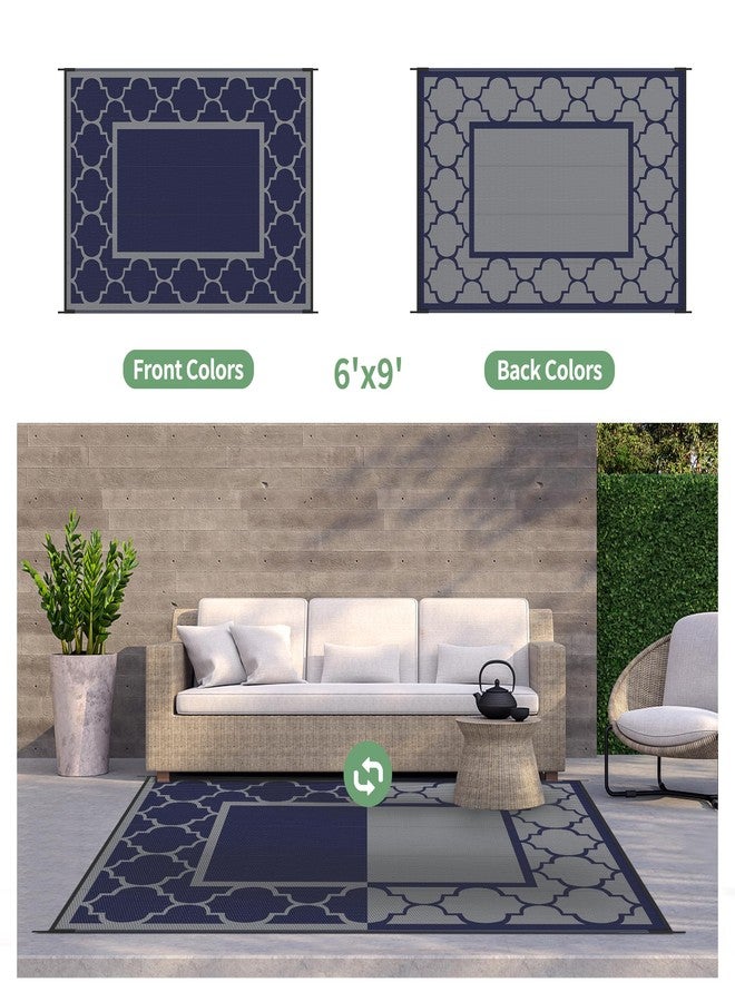 GENIMO 6' x 9' Outdoor Rug Waterproof for Patio Decor, Foldable Reversible Plastic Straw Area Rugs Mat for Camper, Outside Carpet for Rv, Deck, Porch, Picnic, Beach, Balcony, Blue & Grey - Image 4