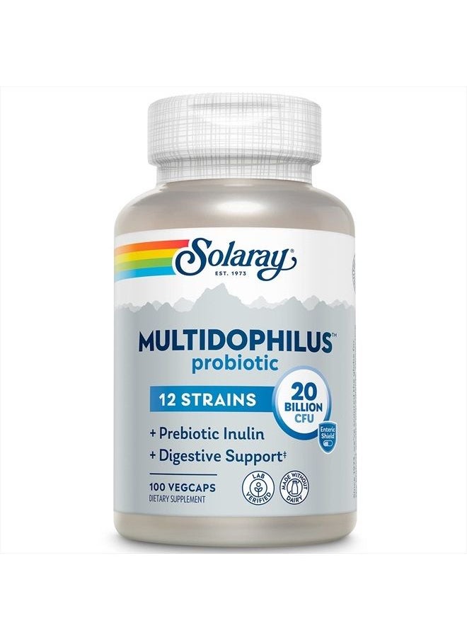 Solaray - Multidophilus 12 Strain Probiotic 20 Billion CFU, Probiotics for Digestive Health and Gut Health Support w/Prebiotic Inulin, Made Without Dairy, 60 Day Guarantee, 50 Serv, 100 Enteric VegCaps - Image 1