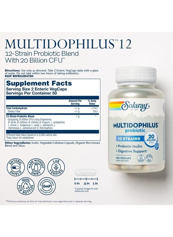 Solaray - Multidophilus 12 Strain Probiotic 20 Billion CFU, Probiotics for Digestive Health and Gut Health Support w/Prebiotic Inulin, Made Without Dairy, 60 Day Guarantee, 50 Serv, 100 Enteric VegCaps - Image 1