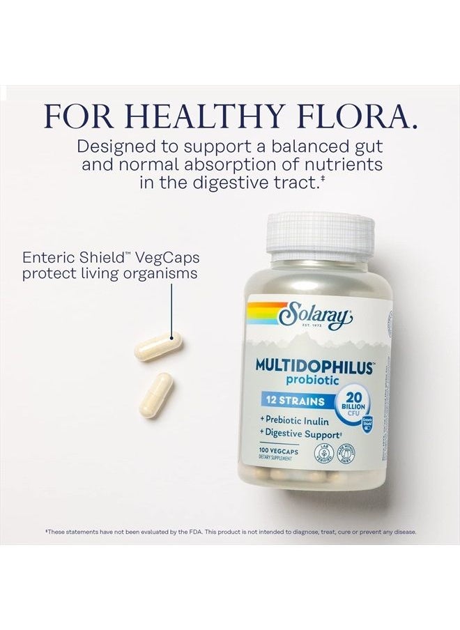 Solaray - Multidophilus 12 Strain Probiotic 20 Billion CFU, Probiotics for Digestive Health and Gut Health Support w/Prebiotic Inulin, Made Without Dairy, 60 Day Guarantee, 50 Serv, 100 Enteric VegCaps - Image 1