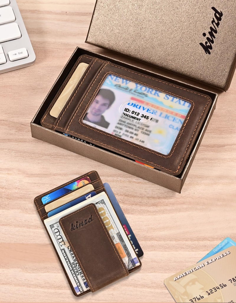 kinzd kinzd Money Clip, Front Pocket Wallet, Leather RFID Blocking Strong Magnet thin Wallet (Crazy Horse dark brown)  - Image 5