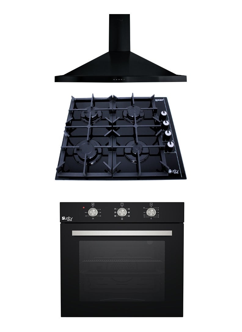 Purity Purity Built-in Kitchen, 60 cm, Black - PENTO 60 cm - Purity Built-in Gas Hob, 60 cm, 4 Burners, Black - HPT602G - Purity Built-in Gas Oven with Grill, 65 L, 60 cm, Black - OPT602GG  - Image 1