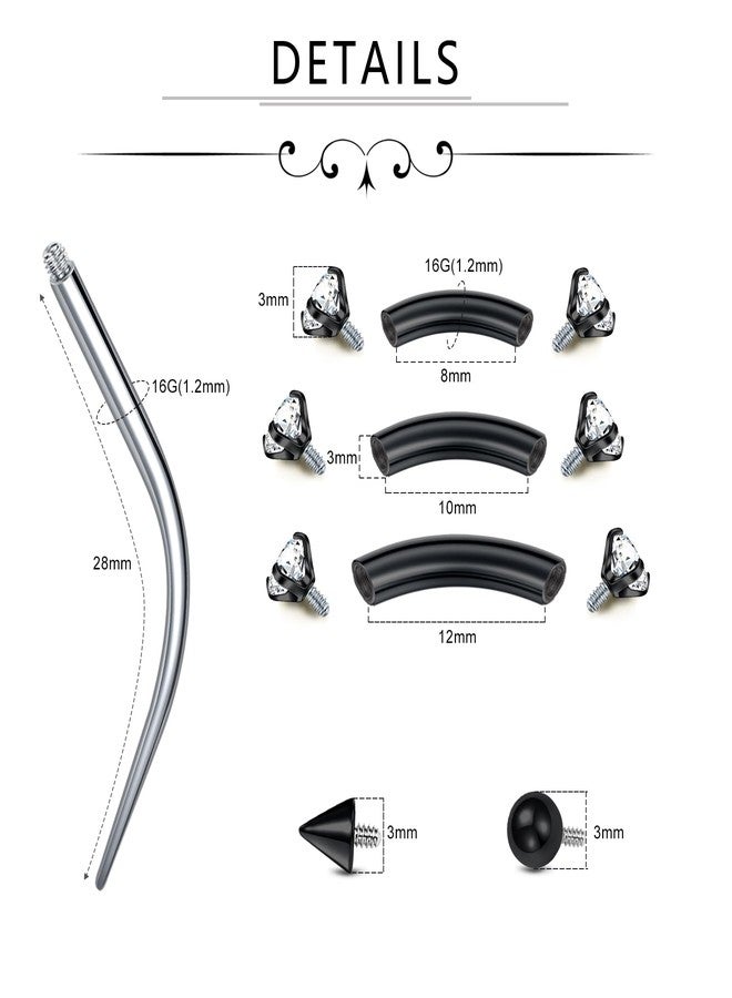 D.Bella 16G Piercing Taper Insertion Tool Eyebrow Piercing Jewelry Daith Rook Earrings Stianless Steel Internal Thread Curved Barbell Vertical Labret Lip Belly Ring Snug Tragus Piercing 6mm/8mm/10mm Black Bar - Image 3