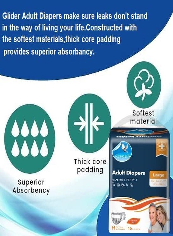 Glider Adult Diaper LARGE with WETNESS INDICATOR & OVERNIGHT SUPERIOR ABSORBENCY - 40-55 Inch, 101-139 cm (Pack of 1 (10 Count)) - Image 2
