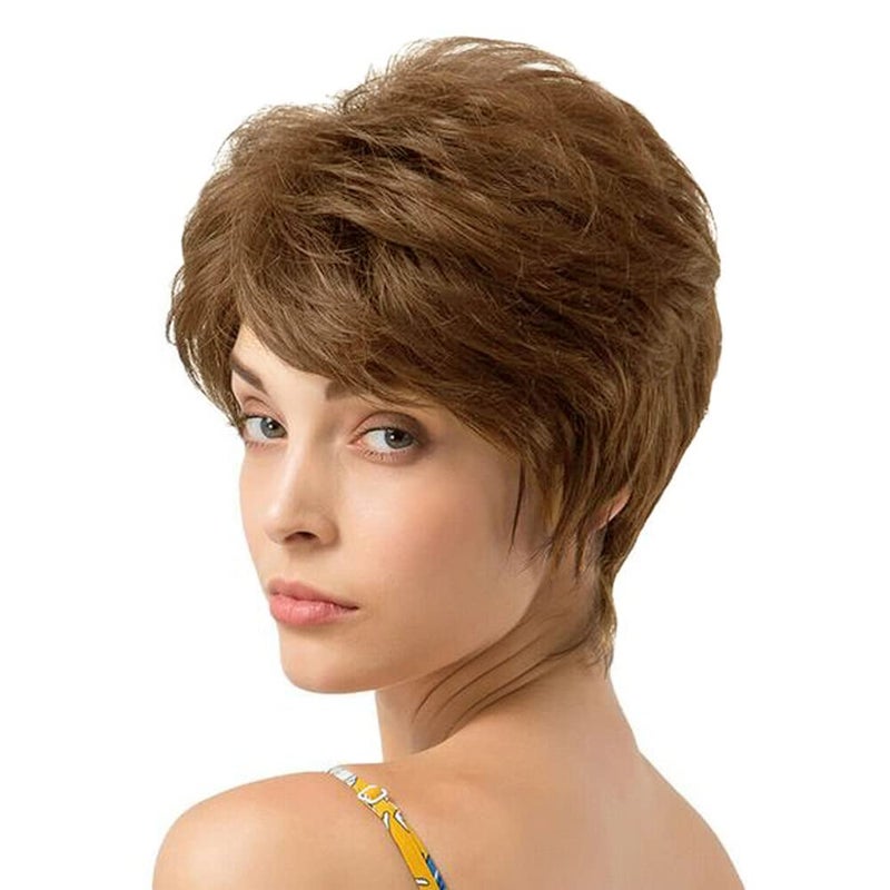 QUEENTAS Pixie Layered Short Chestnut Brown Wig Natural Curl Synthetic Hair Wigs for Women Olive Brown