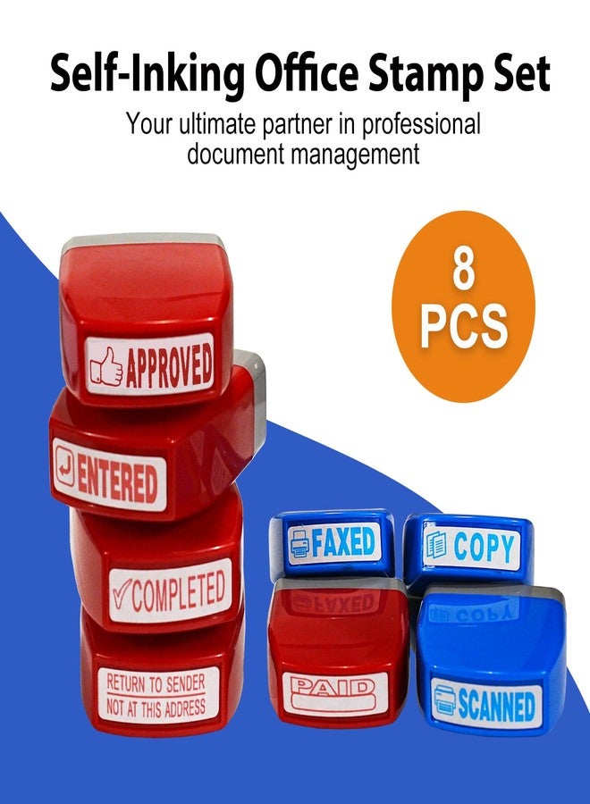 WAFJAMF 8 PCS Self-Inking Stamp Set with Storage Tray Office Rubber Stamps for Approved Paid Scanned Faxed Copy Completed Message Work Stamp for Business Finance Staff Office Supplies - Image 2