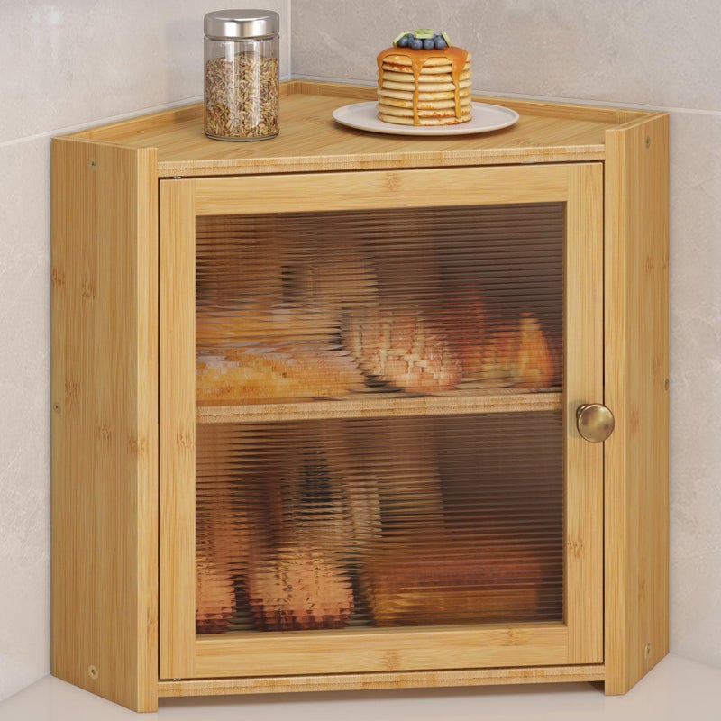 JANSNIMEN Corner Bread Box for Kitchen Countertop, Large Bread Container Storage Vintage Wooden Farmhouse Bread Box with Window for Homemade Bread Holder (Bamboo) - Image 1