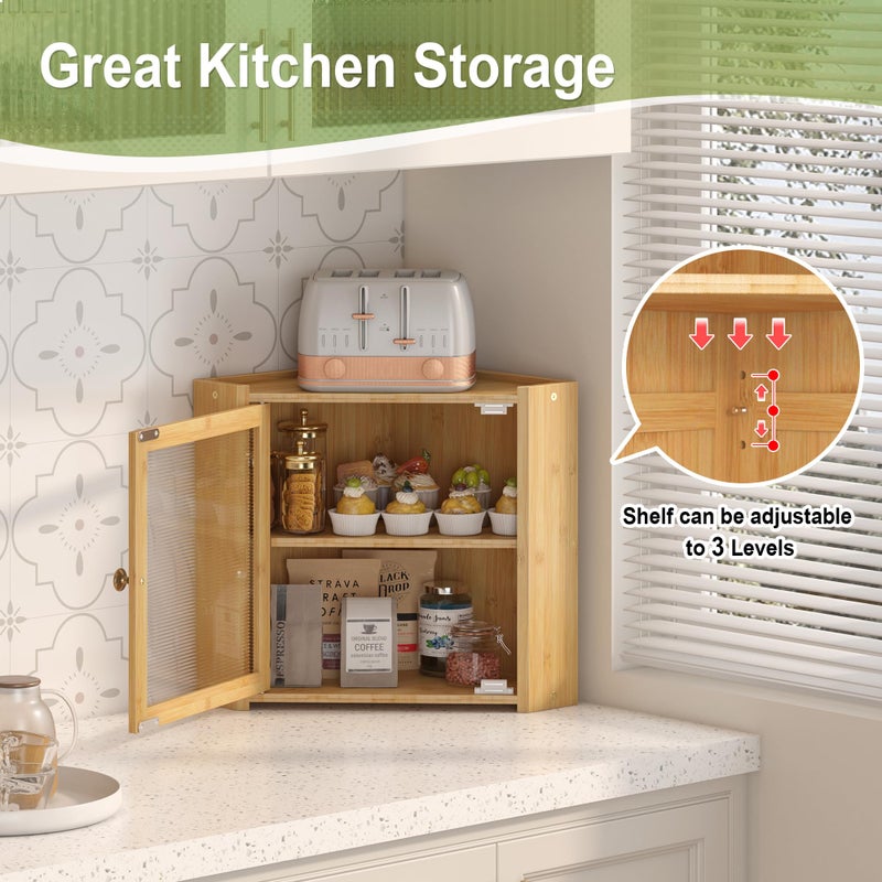 JANSNIMEN Corner Bread Box for Kitchen Countertop, Large Bread Container Storage Vintage Wooden Farmhouse Bread Box with Window for Homemade Bread Holder (Bamboo) - Image 3