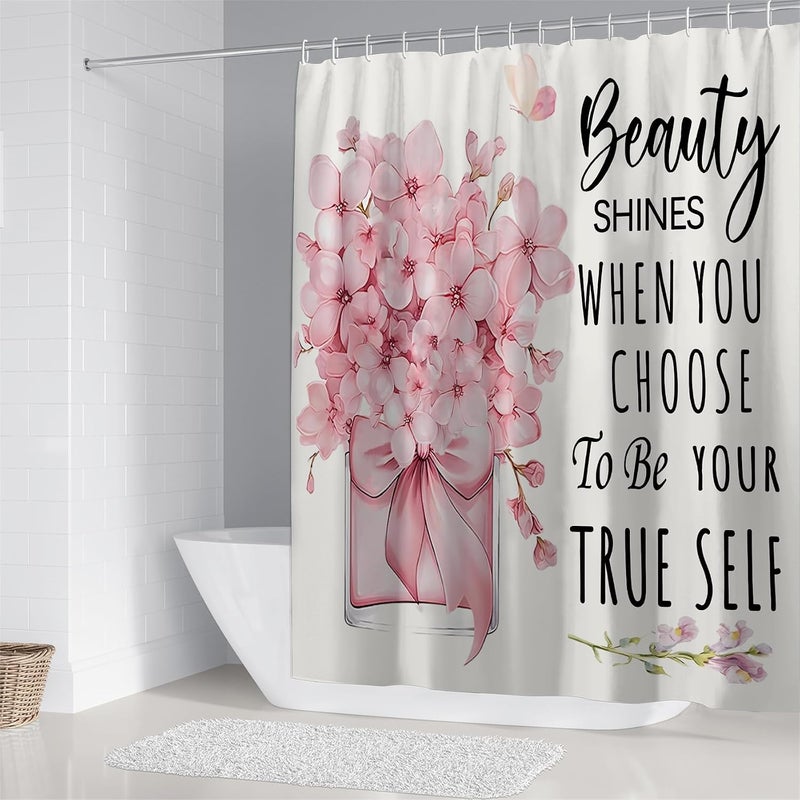 AZHM 4 Pcs Pink Fashion Shower Curtain Sets with Rugs Flower Bathroom Decor Set with Shower Curtain and Rugs and Accessories Modern Perfume Bottle Floral Bathroom Curtain with 12 Hooks - Image 2