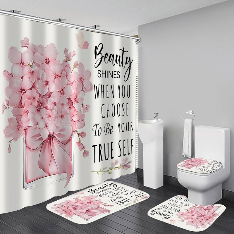 AZHM 4 Pcs Pink Fashion Shower Curtain Sets with Rugs Flower Bathroom Decor Set with Shower Curtain and Rugs and Accessories Modern Perfume Bottle Floral Bathroom Curtain with 12 Hooks - Image 1