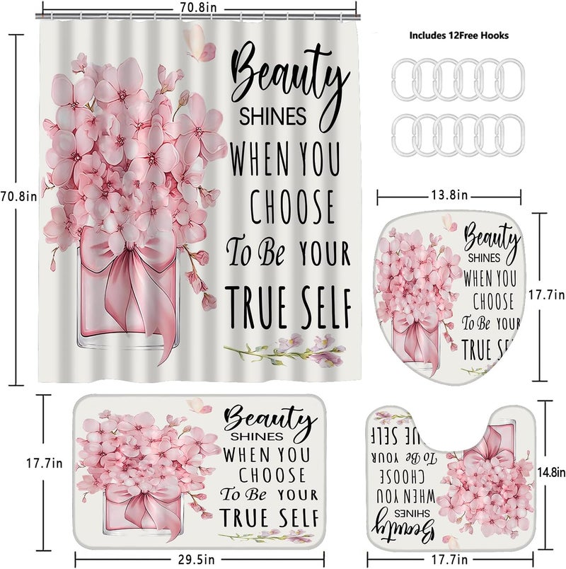 AZHM 4 Pcs Pink Fashion Shower Curtain Sets with Rugs Flower Bathroom Decor Set with Shower Curtain and Rugs and Accessories Modern Perfume Bottle Floral Bathroom Curtain with 12 Hooks - Image 5