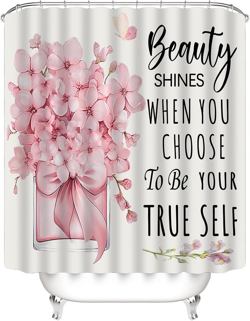 AZHM 4 Pcs Pink Fashion Shower Curtain Sets with Rugs Flower Bathroom Decor Set with Shower Curtain and Rugs and Accessories Modern Perfume Bottle Floral Bathroom Curtain with 12 Hooks - Image 4
