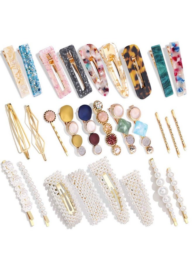 MagicSky - 28 PCS Hingwah Pearls and Acrylic Resin Hair Clips, Handmade Hair Barrettes, Marble Alligator bobby pins, Glitter Crystal Geometric Hairpin, Elegant Gold Hair Accessories, Gifts for Women Girls - Image 1