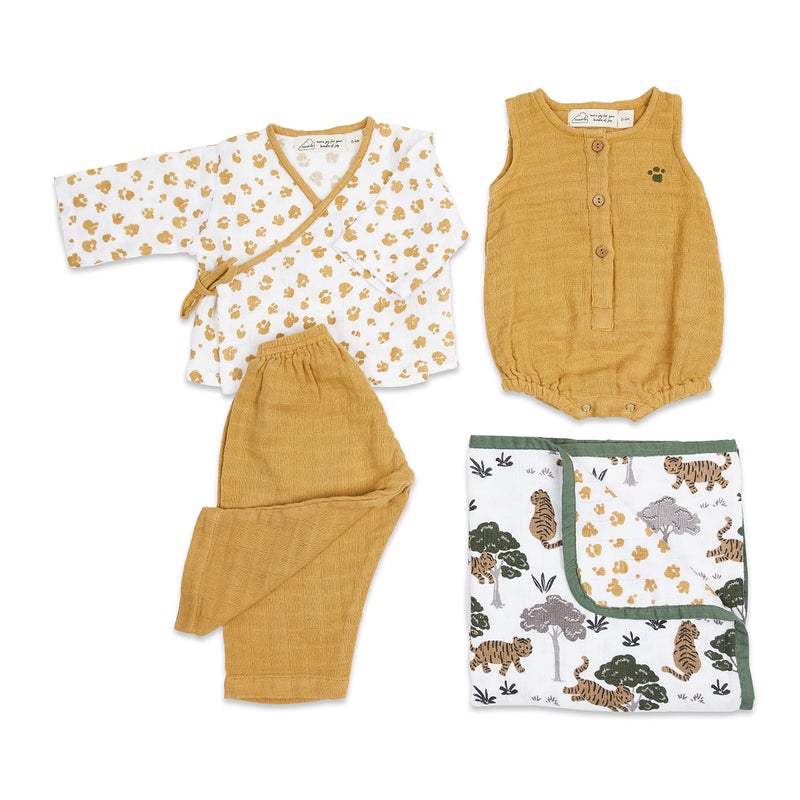 Masilo 100% Organic Cotton Muslin Snuggle Gift Set for New Born Boys and Girls-Baby Romper/Kimono Lounge Set/Stroller Blanket (70 x 70cm)-0-6 Months-Tiger - Image 1