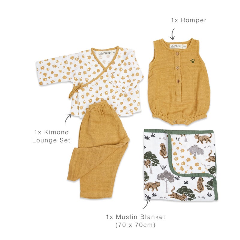 Masilo 100% Organic Cotton Muslin Snuggle Gift Set for New Born Boys and Girls-Baby Romper/Kimono Lounge Set/Stroller Blanket (70 x 70cm)-0-6 Months-Tiger - Image 5