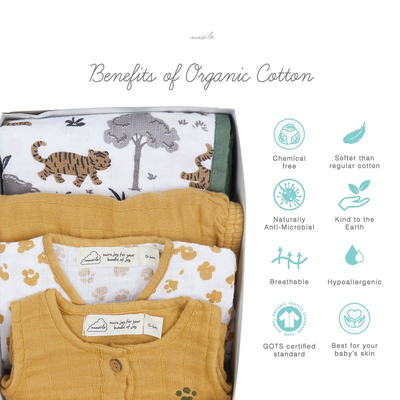 Masilo 100% Organic Cotton Muslin Snuggle Gift Set for New Born Boys and Girls-Baby Romper/Kimono Lounge Set/Stroller Blanket (70 x 70cm)-0-6 Months-Tiger - Image 4