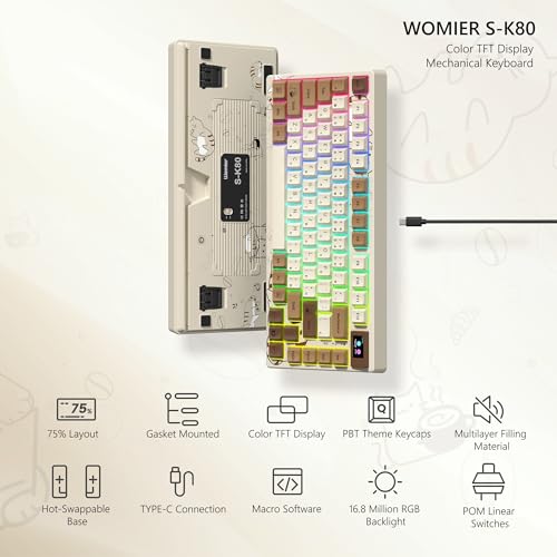 Womier SK80 Retro 75% Keyboard with Color Multimedia Display Mechanical Gaming Keyboard, Hot Swappable Gasket Mount RGB Custom Key Board, Pre-lubed Stabilizer for Mac/Win,Coffee Cat - Image 2